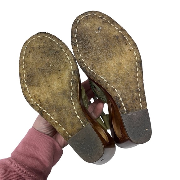 Frye Leather T-Strap Braided Gabrielle Gladiator Wood Cutout Wedge Heel Sandals - Picture 7 of 12